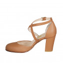 Woman's open shoe with crossed strap in cognac leather heel 8 - Available sizes:  33, 43, 44