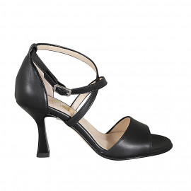 Woman's open shoe with crossed strap in black leather heel 8 - Available sizes:  34, 43