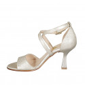 Woman's open shoe with crossed strap in platinum laminated leather heel 8 - Available sizes:  32, 33, 34, 43, 44, 45, 46