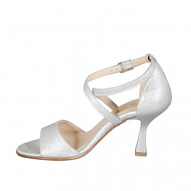 Woman's open shoe with crossed strap in silver laminated leather heel 8 - Available sizes:  42, 46 2