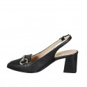 Decolté aperta dietro a punta da donna in pelle nera con accessorio argento tacco 6 - Misure disponibili: 32, 33, 34, 42, 43, 44, 46