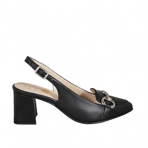 Zapato destalonado a punta para mujer en piel negra con accesorio plateado tacon 6 - Tallas disponibles:  32, 33, 34, 42, 43, 44, 45, 46