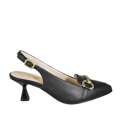 Zapato destalonado a punta para mujer en piel negra con accesorio dorado tacon 6 - Tallas disponibles:  32, 33, 34, 42, 43, 44, 45, 46