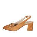 Woman's pointy slingback pump in cognac suede with gold accessory heel 6 - Available sizes:  33, 34, 42, 44, 45, 46