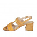 Woman's sandal with double two-toned straps in cognac, yellow and orange suede with heel 6 - Available sizes:  32, 33, 34, 42, 43, 44, 45, 46