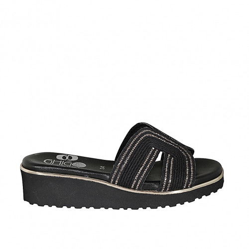 Woman's mules in black rope fabric with rhinestones and wedge heel 4 - Available sizes:  33, 34, 42, 43, 44, 45