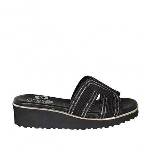 Woman's mules in black rope fabric with rhinestones and wedge heel 4 - Available sizes:  43, 44, 45