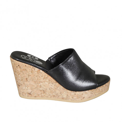 Woman's mules in black leather with platform wedge heel 9 - Available sizes:  33, 34, 43