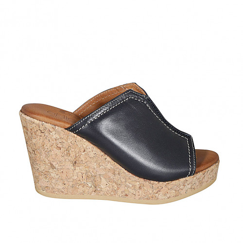 Woman's mules in blue leather with platform wedge heel 9 - Available sizes:  33, 34, 42, 43