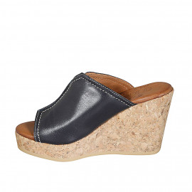 Woman's mules in blue leather with platform wedge heel 9 - Available sizes:  42 2