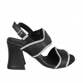 Sandale pour femmes en cuir noir avec strass et talon 7 - Pointures disponibles: 32, 33, 34, 42, 43, 44