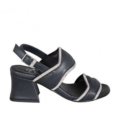 Woman's sandal in blue leather with rhinestones heel 5 - Available sizes:  32, 33, 34, 42, 43, 44, 45