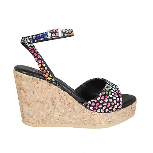 Sandalia para mujer en gamuza negra imprimida multicolor mosaico con cinturon, plataforma y cuña 9 - Tallas disponibles:  33, 34, 42, 43, 44, 45