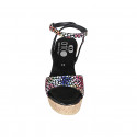 Sandalia para mujer en gamuza negra imprimida multicolor mosaico con cinturon, plataforma y cuña 9 - Tallas disponibles:  33, 34, 42, 43, 44, 45