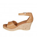Woman's open shoe with strap and platform in cognac brown leather wedge heel 7 - Available sizes:  33, 34, 43, 44