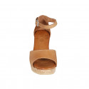 Woman's open shoe with strap and platform in cognac brown leather wedge heel 7 - Available sizes:  32, 33, 34, 43, 44