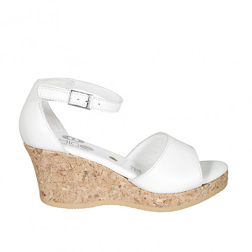 Woman's open shoe with strap and platform in white leather wedge heel 7 - Available sizes:  32, 34, 42, 43