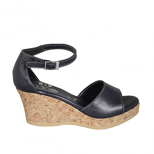 Woman's open shoe with strap and platform in blue leather wedge heel 7 - Available sizes:  32, 33, 34