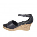 Woman's open shoe with strap and platform in blue leather wedge heel 7 - Available sizes:  32, 33, 34