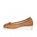 Woman's ballerina with captoe and bow in cognac brown leather wedge heel 4 - Available sizes:  32, 33, 34