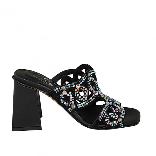 Woman's mules with crystal rhinestones in black leather heel 8 - Available sizes:  32, 33, 34, 42, 43, 45, 46