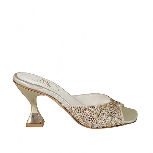 Woman's mules with crystal rhinestones in platinum laminated leather heel 8 - Available sizes:  32, 34, 42, 46