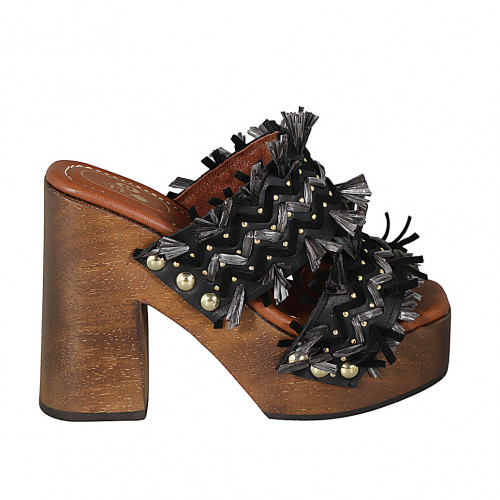 Woman's mule with platform, fringes and studs in black leather, suede and grey raffia heel 12 - Available sizes:  33, 42, 45
