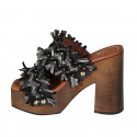 Woman's mule with platform, fringes and studs in black leather, suede and grey raffia heel 12 - Available sizes:  33, 42, 45