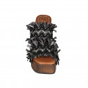 Mule pour femmes avec plateforme, franges et goujons en cuir, daim noir et raphia gris talon 12 - Pointures disponibles:  42, 45