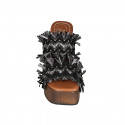 Woman's mule with platform, fringes and studs in black leather, suede and grey raffia heel 12 - Available sizes:  33, 42, 45