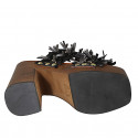 Woman's mule with platform, fringes and studs in black leather, suede and grey raffia heel 12 - Available sizes:  33, 42, 45