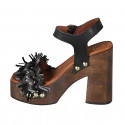 Woman's strap sandal with platform, fringes and studs in black leather, suede and grey raffia heel 12 - Available sizes:  42, 43, 44, 45