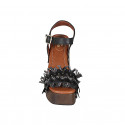 Woman's strap sandal with platform, fringes and studs in black leather, suede and grey raffia heel 12 - Available sizes:  42, 43, 44, 45