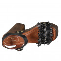 Woman's strap sandal with platform, fringes and studs in black leather, suede and grey raffia heel 12 - Available sizes:  42, 43, 44, 45