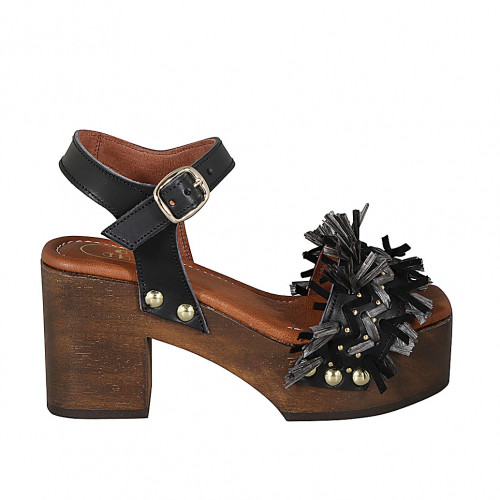 Woman's strap sandal with platform, fringes and studs in black leather, suede and grey raffia heel 8 - Available sizes:  33, 42, 43, 45, 46