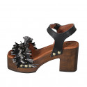 Woman's strap sandal with platform, fringes and studs in black leather, suede and grey raffia heel 8 - Available sizes:  33, 42, 43, 45, 46