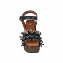 Woman's strap sandal with platform, fringes and studs in black leather, suede and grey raffia heel 8 - Available sizes:  45