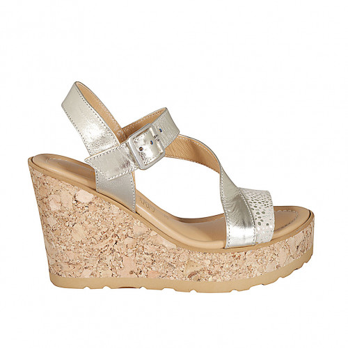 Woman's sandal with cross strap in platinum laminated leather and suede with platinum printed dots platform and wedge heel 9 - Available sizes:  32, 33, 34