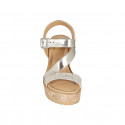 Woman's sandal with cross strap in platinum laminated leather and suede with platinum printed dots platform and wedge heel 9 - Available sizes:  32, 33, 34