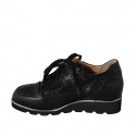 Woman's laced shoe with removable insole and zipper in black leather and printed suede wedge heel 3 - Available sizes:  31, 43, 44