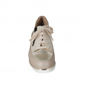 Woman's laced shoe with removable insole and zipper in taupe and platinum leather and platinum printed beige suede wedge heel 3 - Available sizes:  31, 45