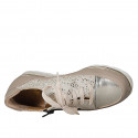 Woman's laced shoe with removable insole and zipper in taupe and platinum leather and platinum printed beige suede wedge heel 3 - Available sizes:  31, 45