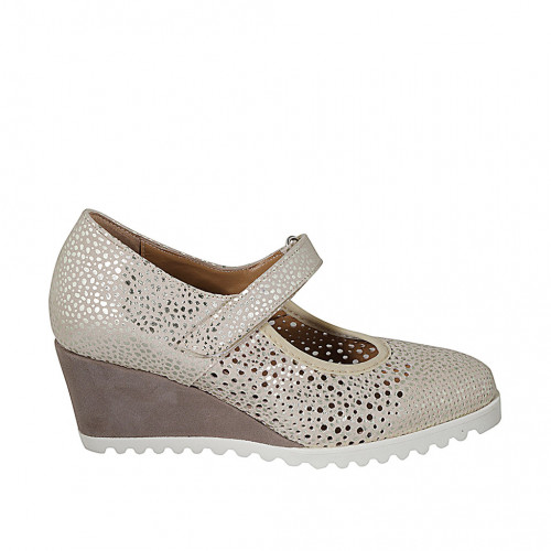 Woman's pump with velcro strap and removable insole in beige pierced and platinum printed suede wedge heel 6 - Available sizes:  42, 43, 44