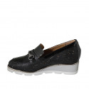Woman's moccasin shoe with silver accessory and removable insole in black pierced leather and black patent leather wedge heel 4 - Available sizes:  31, 32, 34, 44, 45