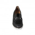 Woman's moccasin shoe with silver accessory and removable insole in black pierced leather and black patent leather wedge heel 4 - Available sizes:  31, 32, 34, 44, 45