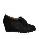 Woman's laced shoe with removable insole in black pierced printed suede wedge heel 6 - Available sizes:  33, 34, 42, 43, 44