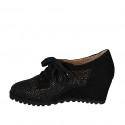 Woman's laced shoe with removable insole in black pierced printed suede wedge heel 6 - Available sizes:  33, 34, 42, 43, 44
