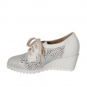 Woman's laced shoe with removable insole in white leather and pierced and silver printed white suede wedge heel 6 - Available sizes:  33, 43, 44, 45