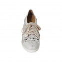 Woman's laced shoe with removable insole in white leather and pierced and silver printed white suede wedge heel 6 - Available sizes:  33, 43, 44, 45