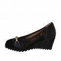 Woman's pump withh removable insole and gold accessory in black leather and black pierced suede wedge heel 6 - Available sizes:  31, 42